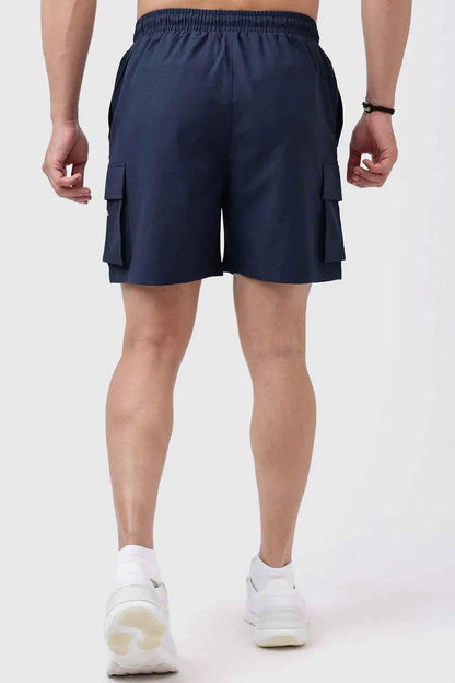Navy Delta Cargo Shorts by Fuaark Nz, featuring multiple pockets and a casual fit, displayed on a mannequin.