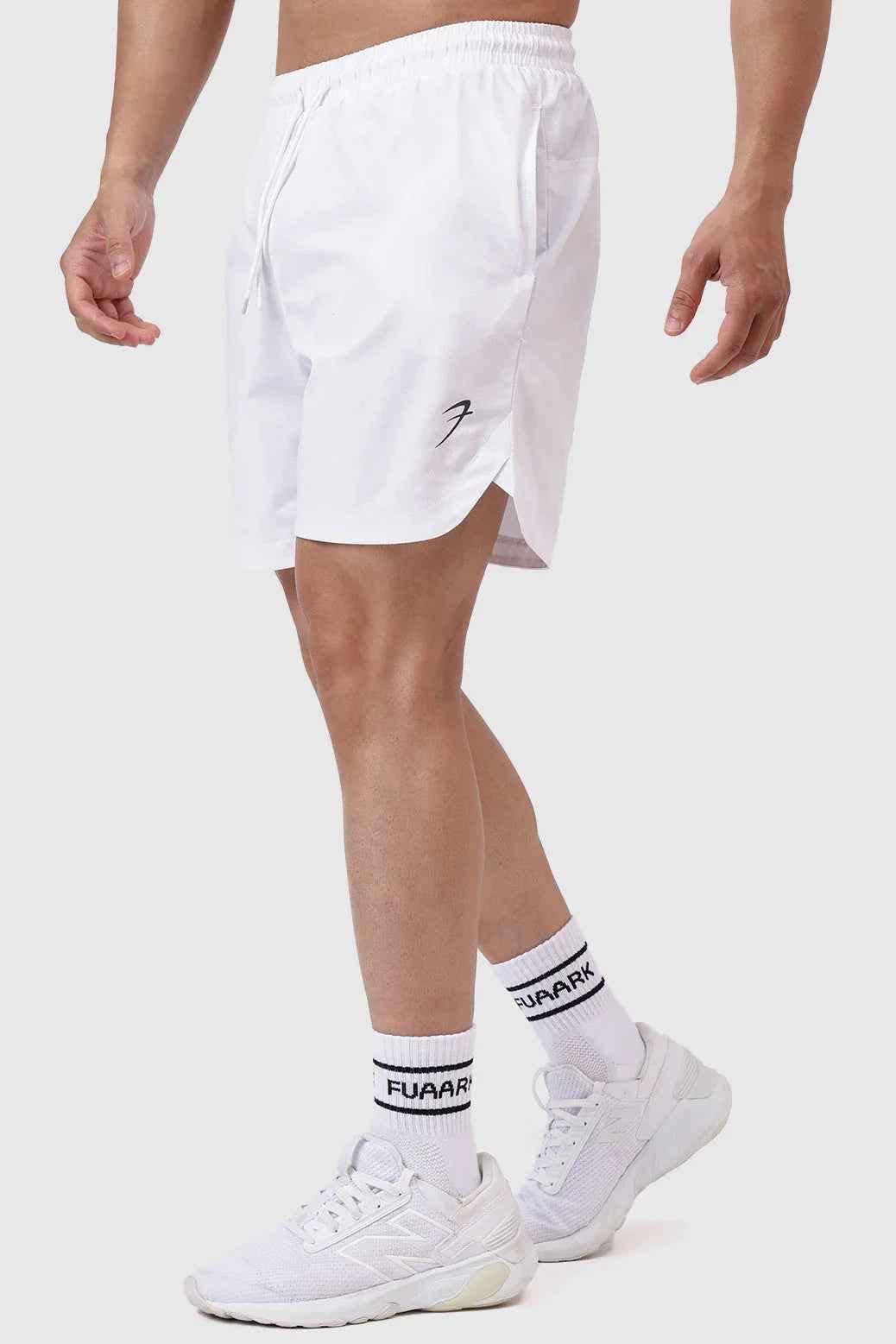 Fuaark Nz Edge Shorts for Men in stylish white athletic shorts, featuring a comfortable fit and modern design.