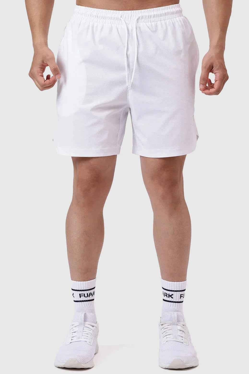 White athletic Edge Shorts for men by Fuaark Nz, stylish and comfortable men's shorts for active wear.