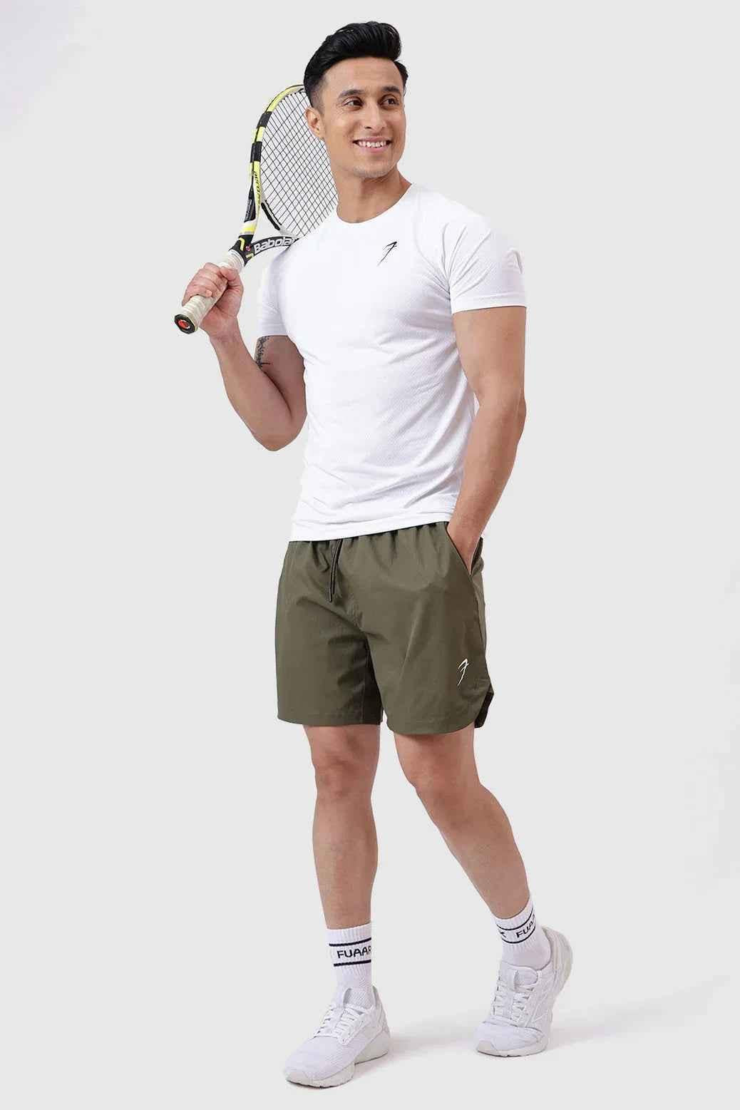 Men's olive green Fuaark Nz shorts with stylish edge design, perfect for casual and trendy summer wear.