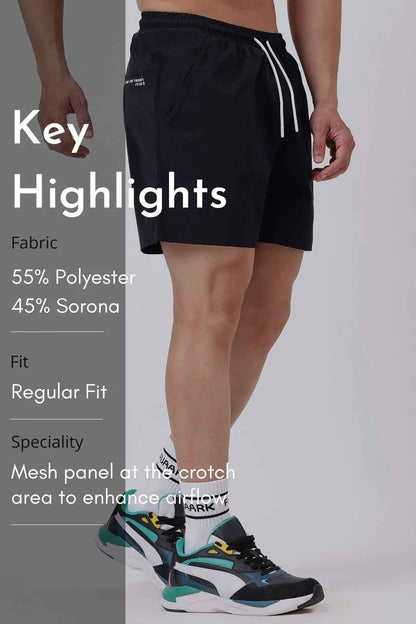 Black Nova Shorts by Fuaark Nz, casual men's shorts with a stylish fit and sleek design, perfect for everyday wear.