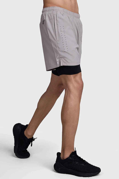 Fuaark Nz men's 2-in-1 laser shorts in beige and black, designed for active workouts with a sleek, sporty look.