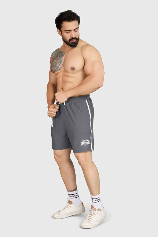 Grey Grit Shorts by Fuaark Nz, casual men's shorts with a relaxed fit and adjustable waistband, shown on a model.