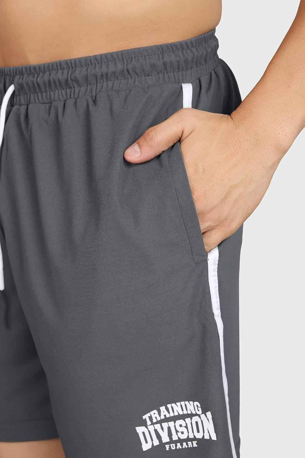 Grey Grit Shorts by Fuaark Nz, casual men's shorts with a comfortable fit and stylish design, shown on a model.