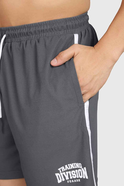 Grey Grit Shorts by Fuaark Nz, casual men's shorts with a comfortable fit and stylish design, shown on a model.