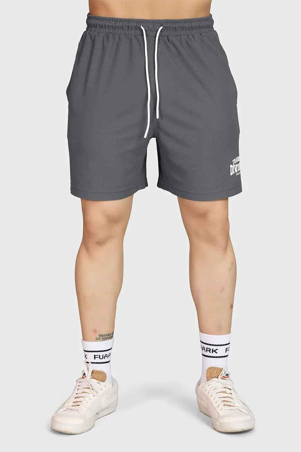 Grey Grit Shorts by Fuaark Nz, casual men's shorts with a relaxed fit and durable fabric, shown on a model.