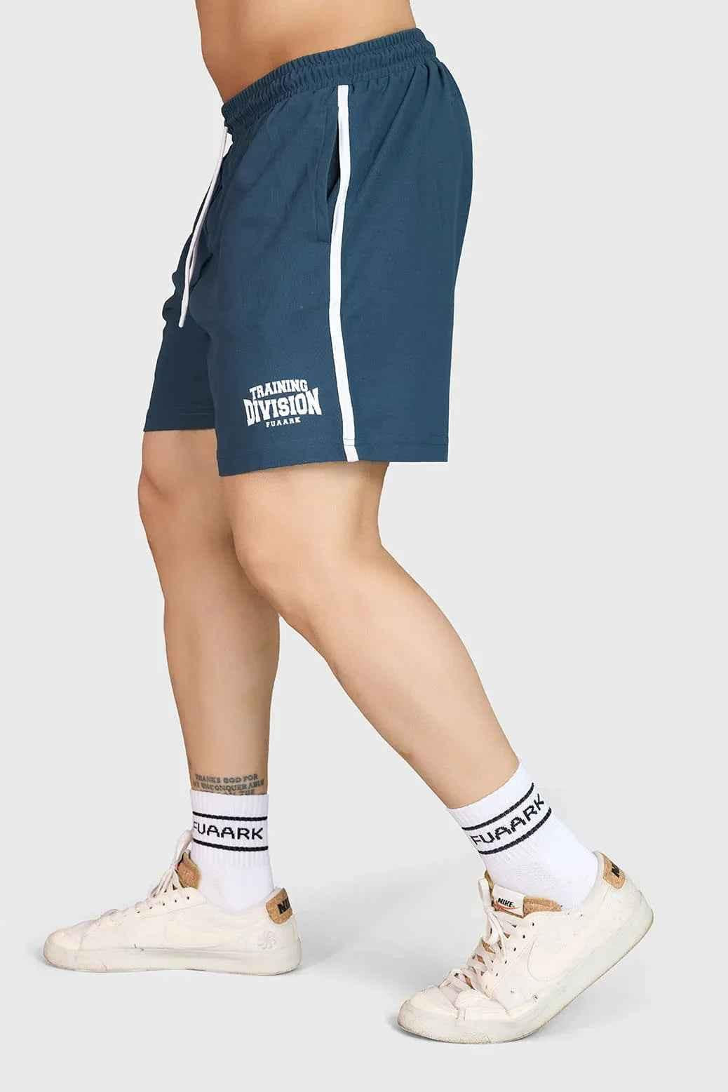 Fuaark Nz Grit Shorts in midnight blue, casual men's shorts with a relaxed fit, displayed on a hanger.