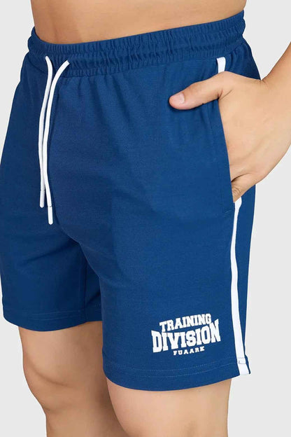 Fuaark Nz Grit Shorts Orion Blue laid flat, showcasing durable blue shorts with a comfortable fit, ideal for casual wear.