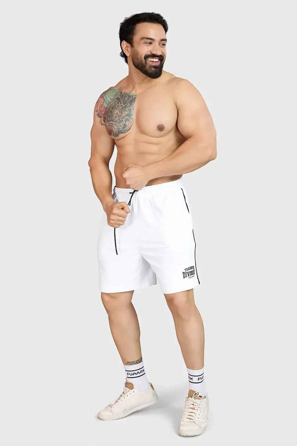 White Grit Shorts by Fuaark Nz, casual men's shorts with a relaxed fit and comfortable fabric, shown on a model.