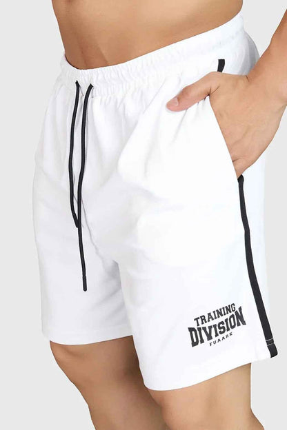 White Grit Shorts by Fuaark Nz, casual men's shorts with a relaxed fit and functional design, shown on a model.