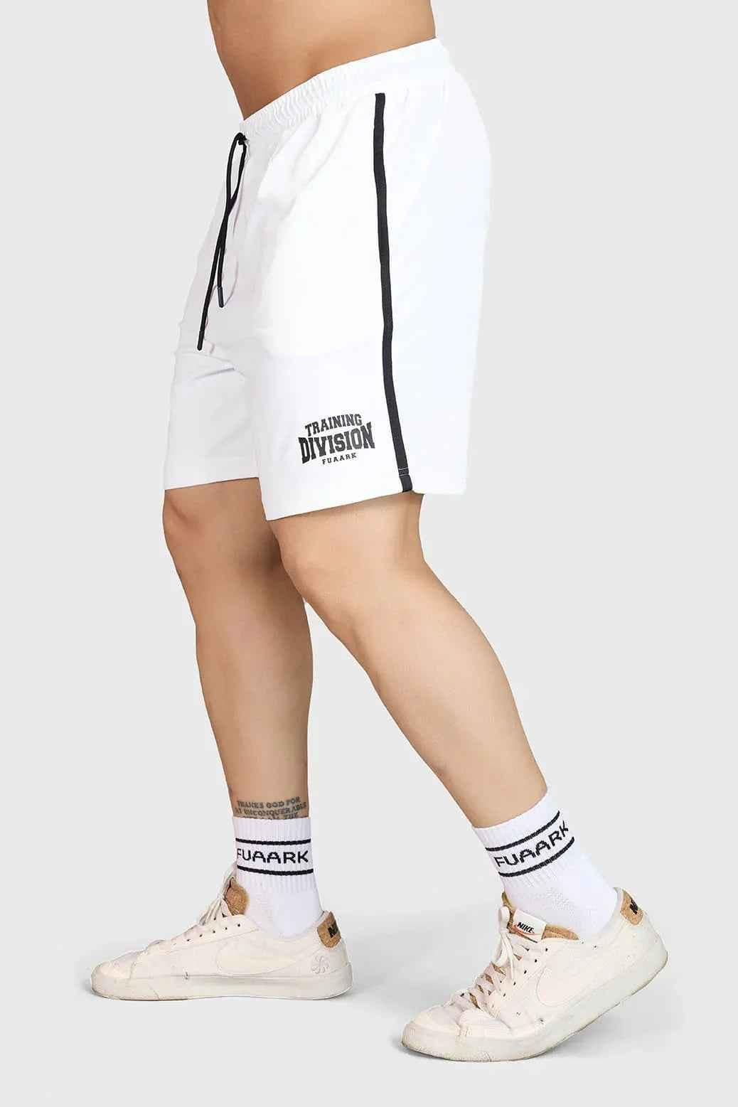 White Grit Shorts by Fuaark Nz featuring a casual fit, elastic waistband, and durable fabric, perfect for active wear.