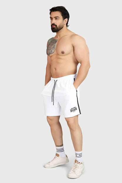 White Grit Shorts by Fuaark Nz, casual men's shorts with a relaxed fit and waistband, shown on a model.