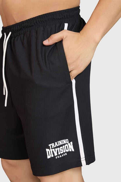 Fuaark Nz Grit Training Shorts in black, designed for workout performance, featuring a comfortable fit and athletic style.