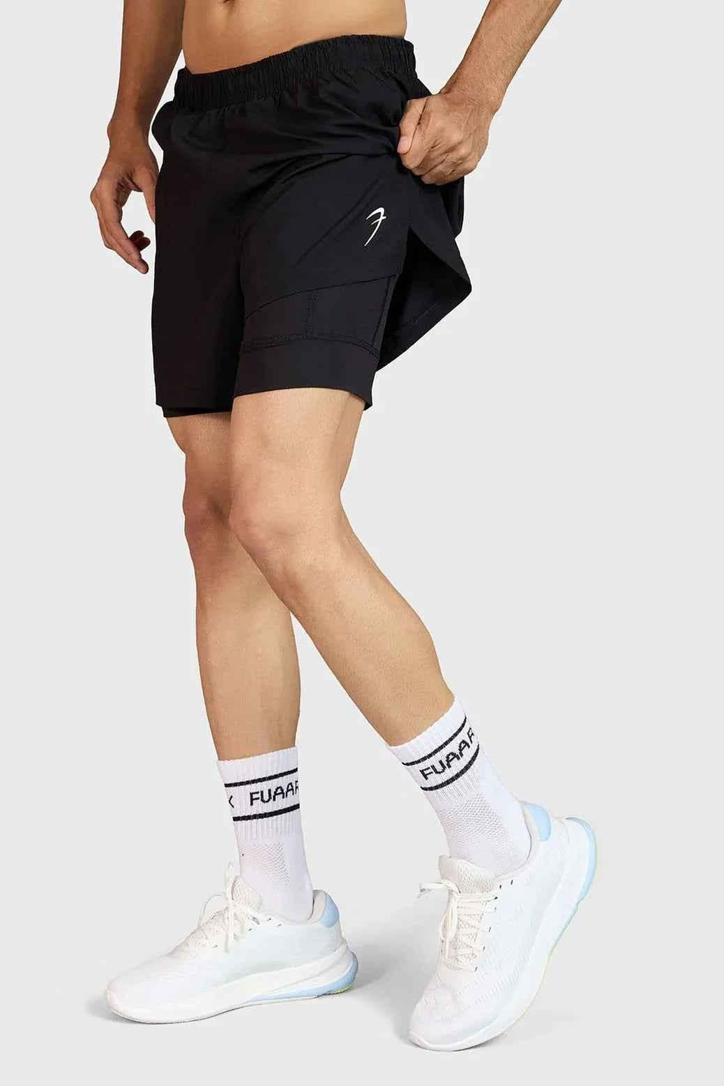 Black Hyper 5-inch running shorts by Fuaark Nz, showcasing lightweight fabric and sporty design for comfort and performance.