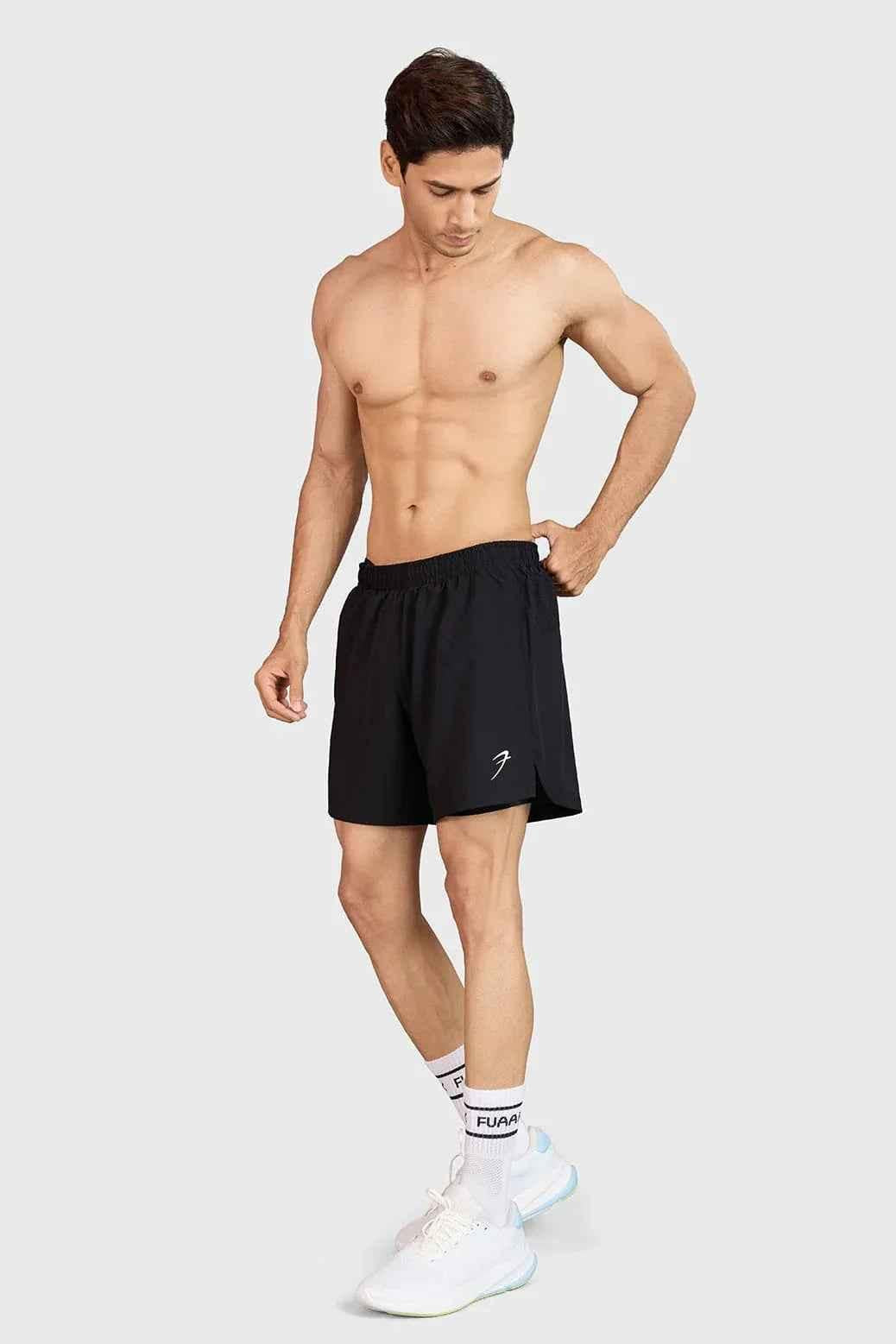 Black Hyper 5-inch running shorts by Fuaark Nz, lightweight and comfortable athletic shorts for running and active wear.