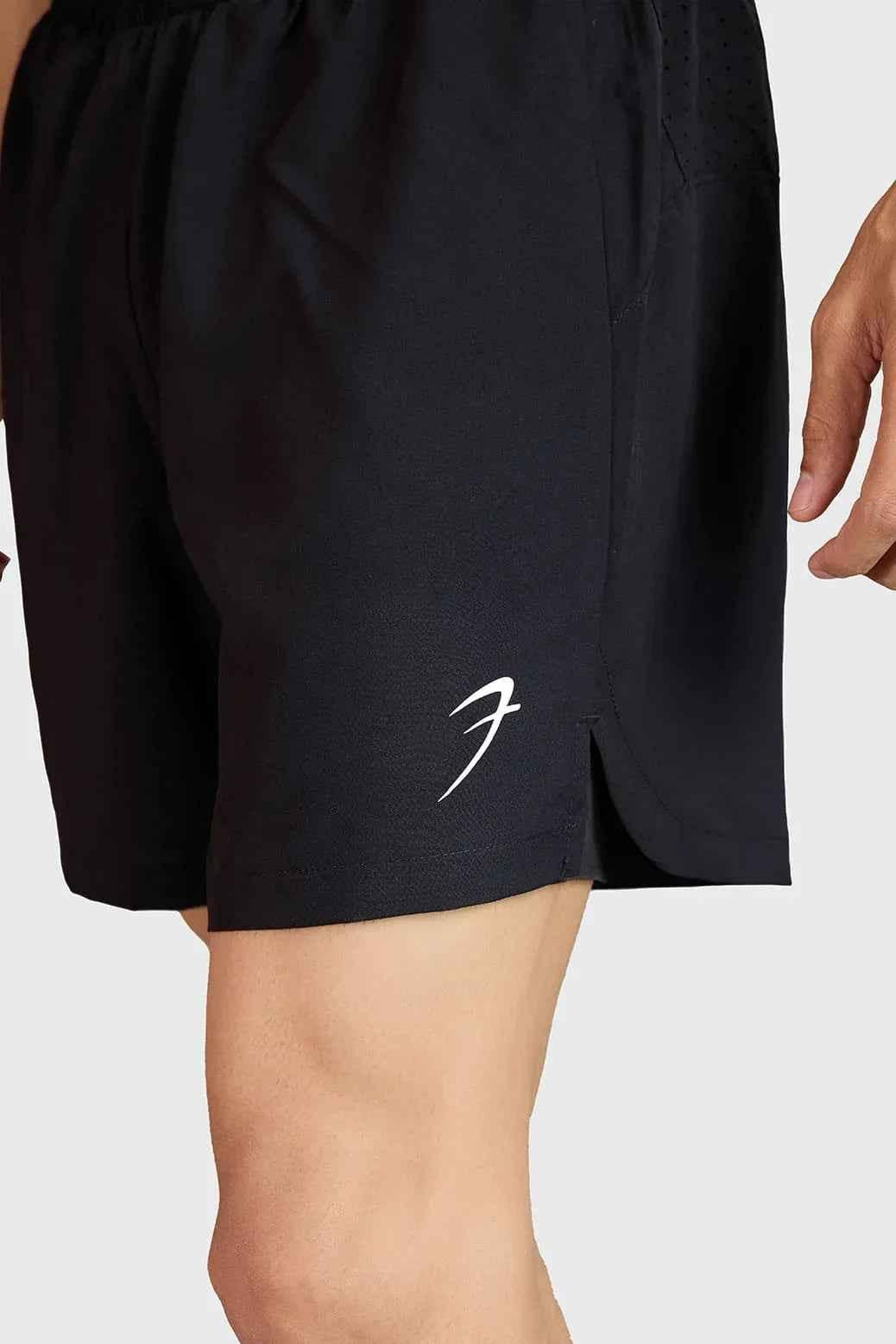 Black Hyper 5-inch running shorts by Fuaark Nz, showing lightweight fabric and elastic waistband for comfort and performance.