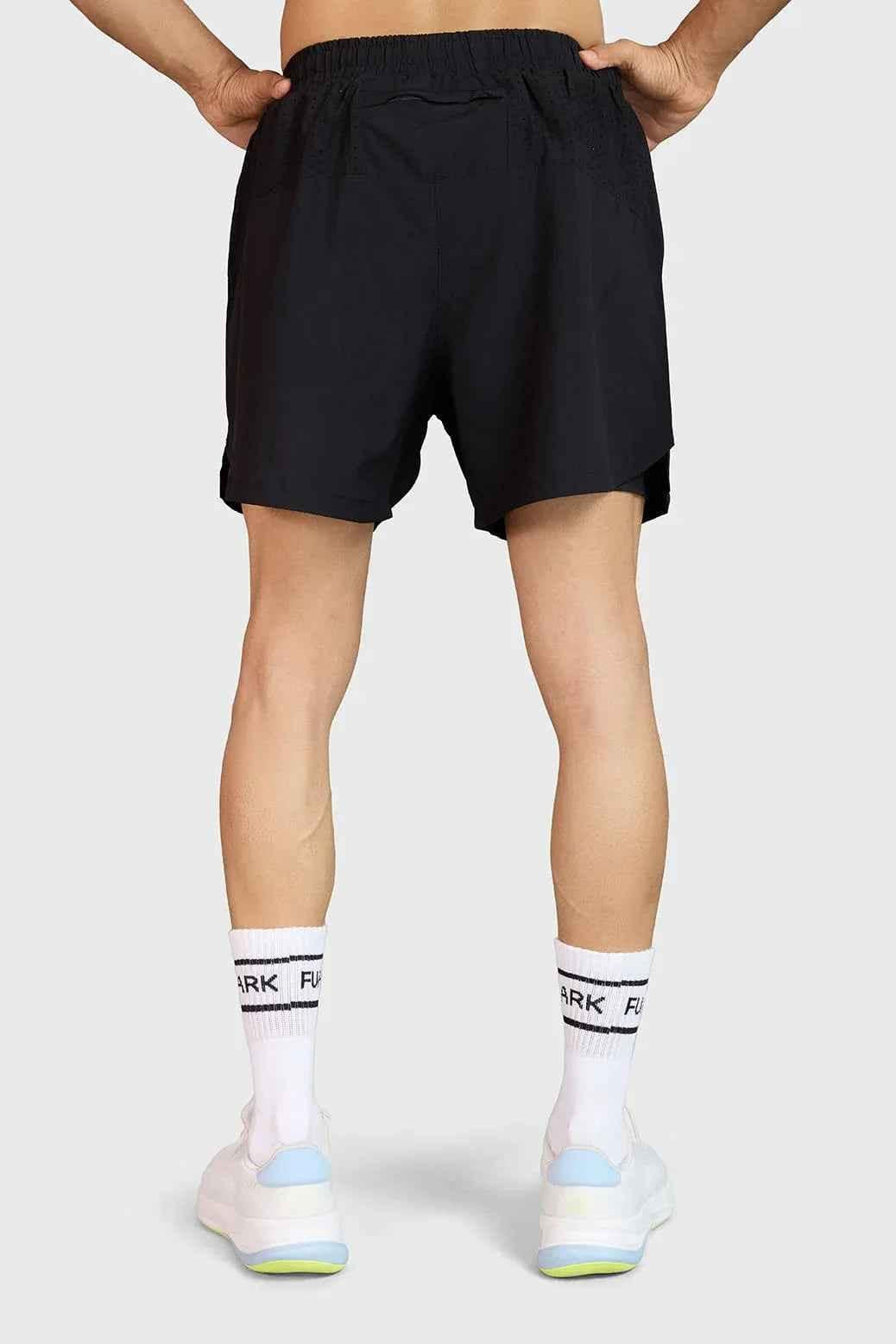 Black Fuaark Nz Hyper 5 Inch Running Shorts, lightweight and breathable for comfort and performance during workouts.
