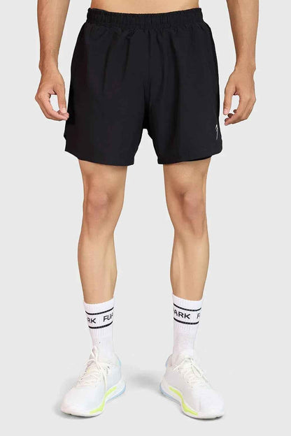 Black Hyper 5-inch running shorts by Fuaark NZ featuring lightweight fabric and athletic fit for comfort and performance.