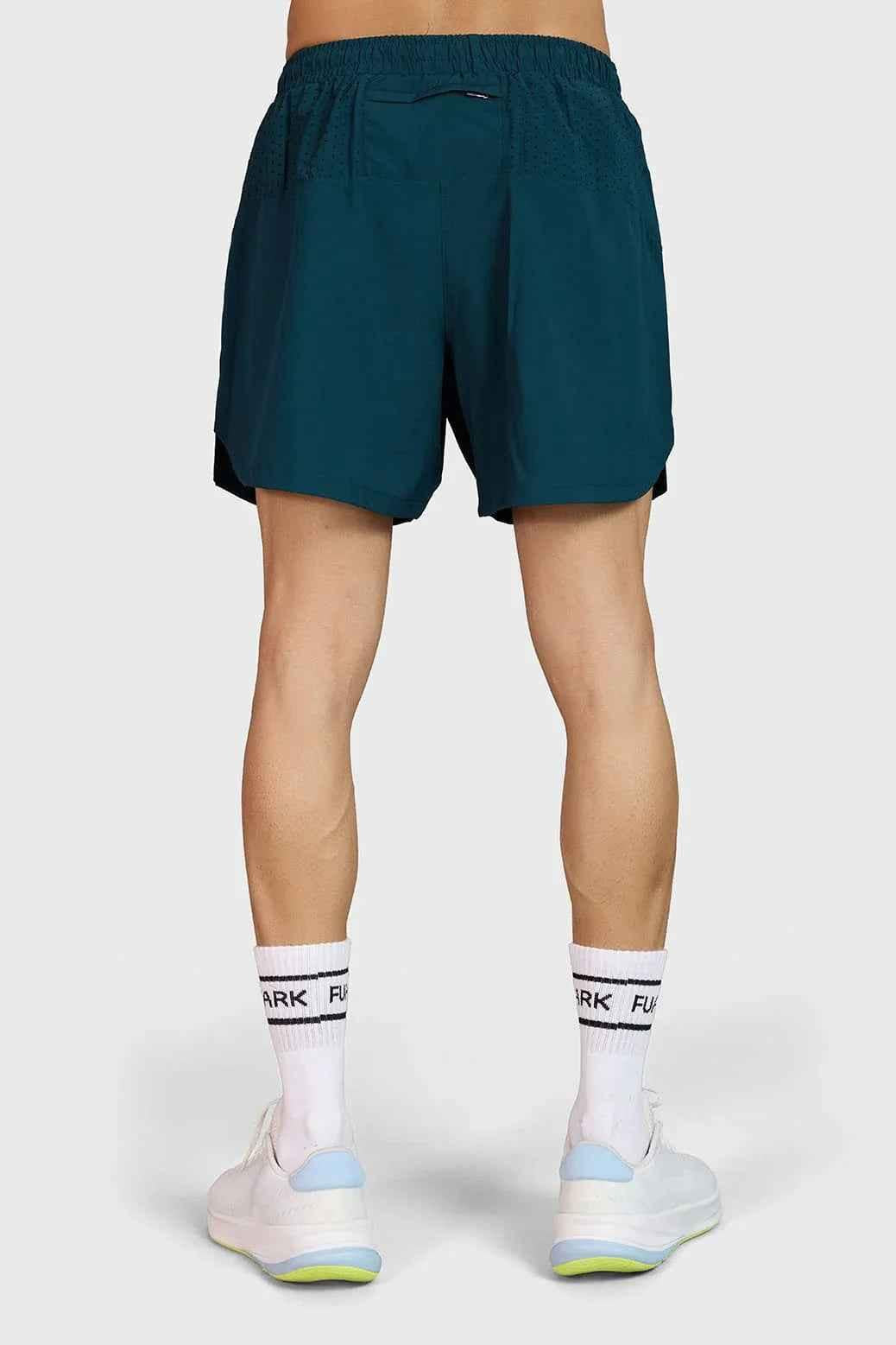 Deep green Hyper 5-inch running shorts by Fuaark Nz, featuring lightweight, breathable fabric and an athletic fit.