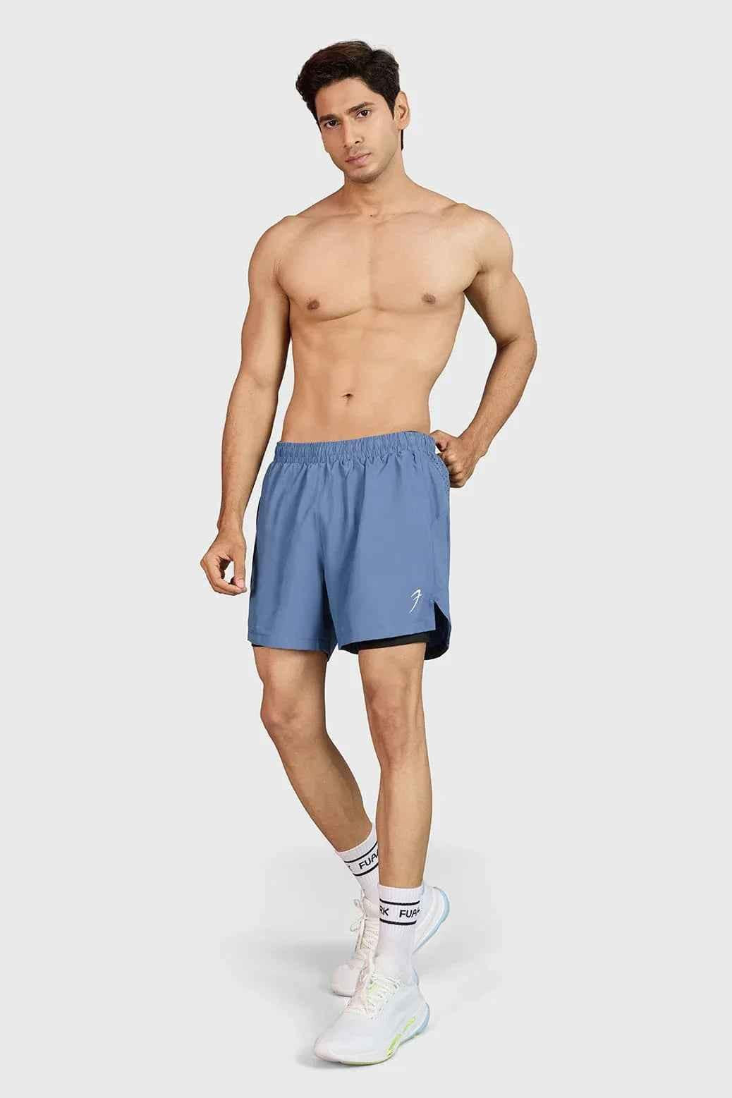 Light grey Hyper 5-inch running shorts by Fuaark Nz, featuring breathable fabric and athletic design for active wear.