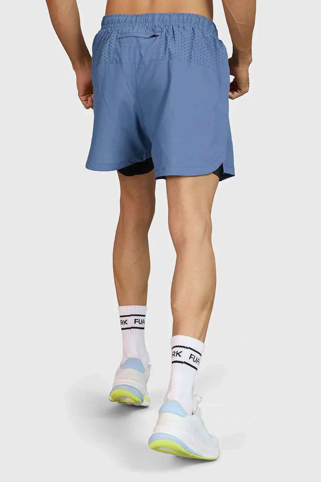 Fuaark Nz Hyper 5-inch light grey running shorts with elastic waistband and breathable fabric for athletic activity.