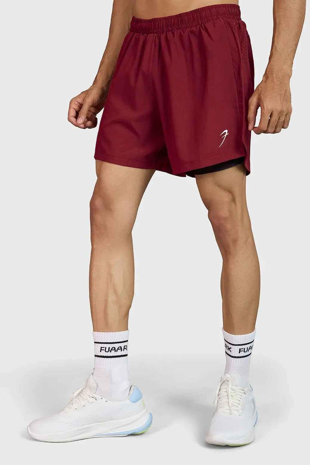 Maroon Hyper 5-inch running shorts by Fuaark NZ with lightweight fabric and elastic waistband for comfortable active wear