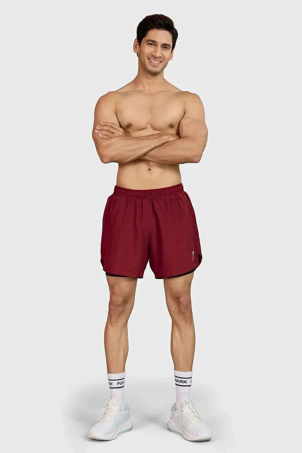 Maroon Hyper 5-inch running shorts by Fuaark NZ, featuring lightweight fabric and athletic fit for active sports.