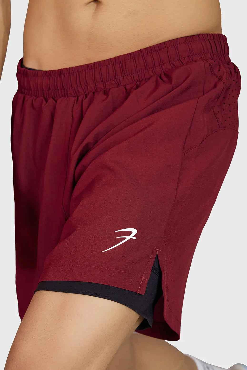 Maroon Hyper 5-inch running shorts by Fuaark Nz, lightweight athletic shorts with a comfortable fit for running.