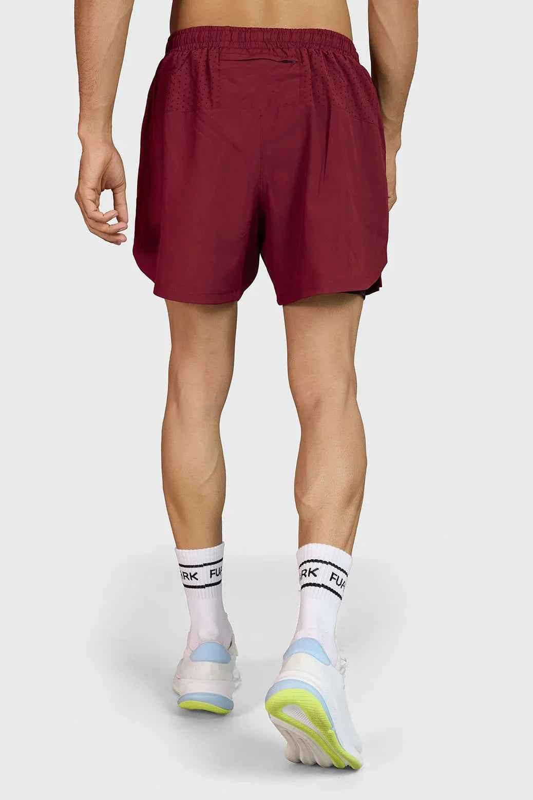 Fuaark Nz Hyper 5-inch maroon running shorts with elastic waistband and breathable fabric, designed for active wear.