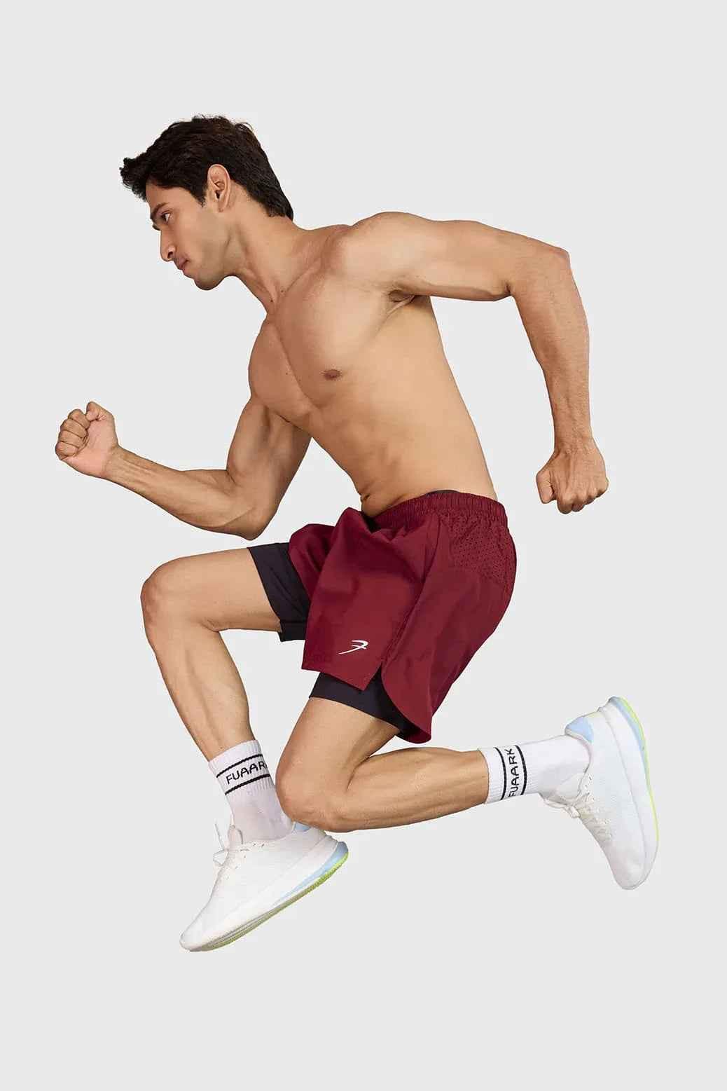 Maroon Hyper 5-inch running shorts by Fuaark NZ, lightweight athletic shorts with breathable fabric for active wear.