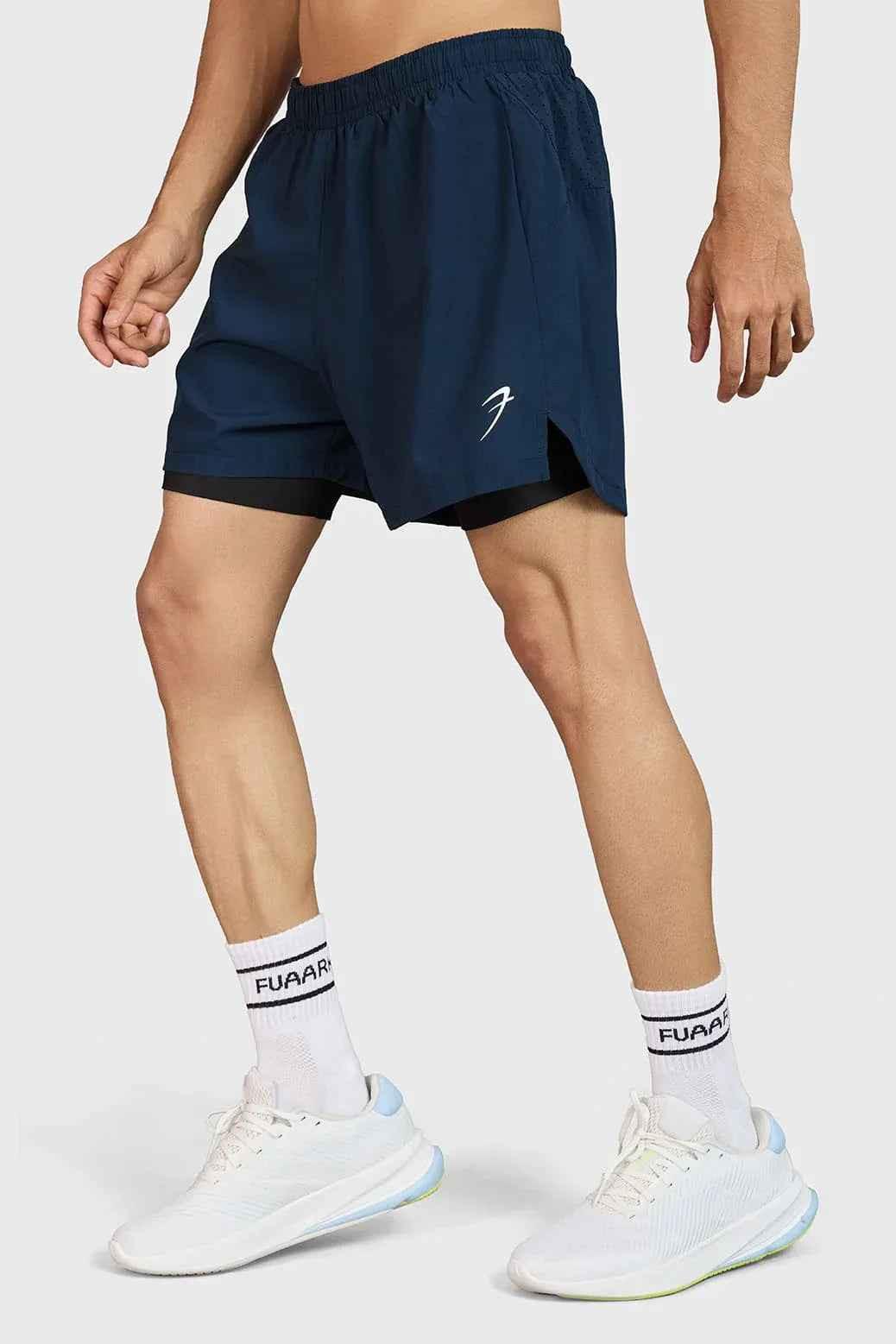 Fuaark Nz Hyper 5-inch navy running shorts made of lightweight, comfortable athletic material for active wear.