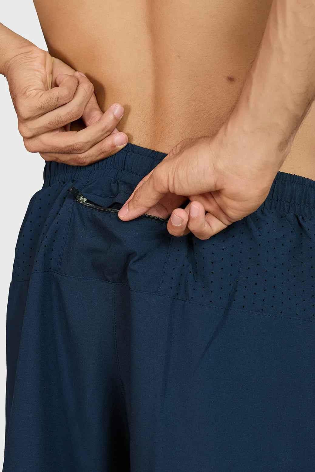 Fuaark Nz Hyper 5-inch navy running shorts, lightweight athletic wear with comfortable fit and breathable fabric for active use.