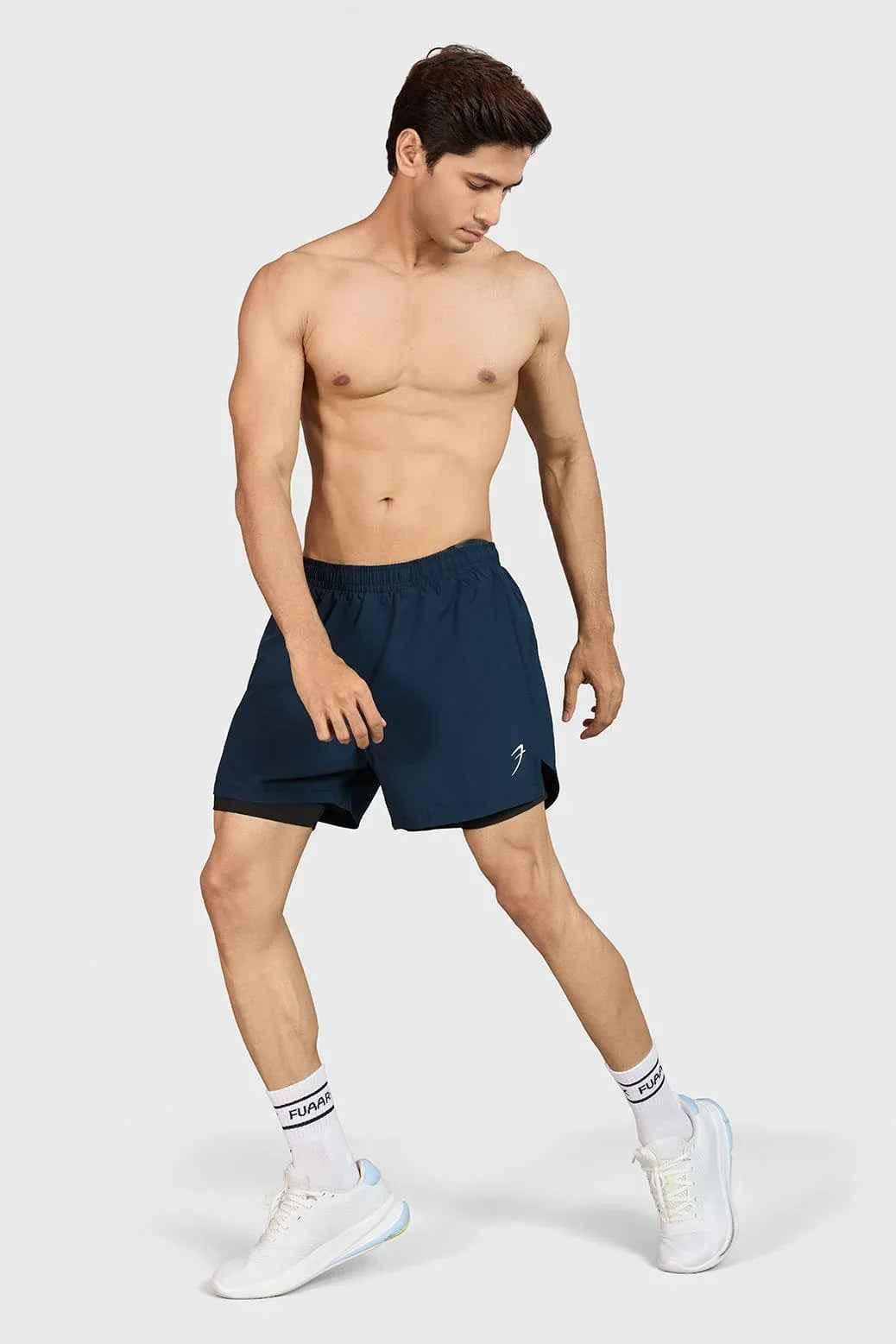 Fuaark Nz Hyper 5-inch navy running shorts, lightweight and comfortable athletic wear, with a relaxed fit and breathable fabric.