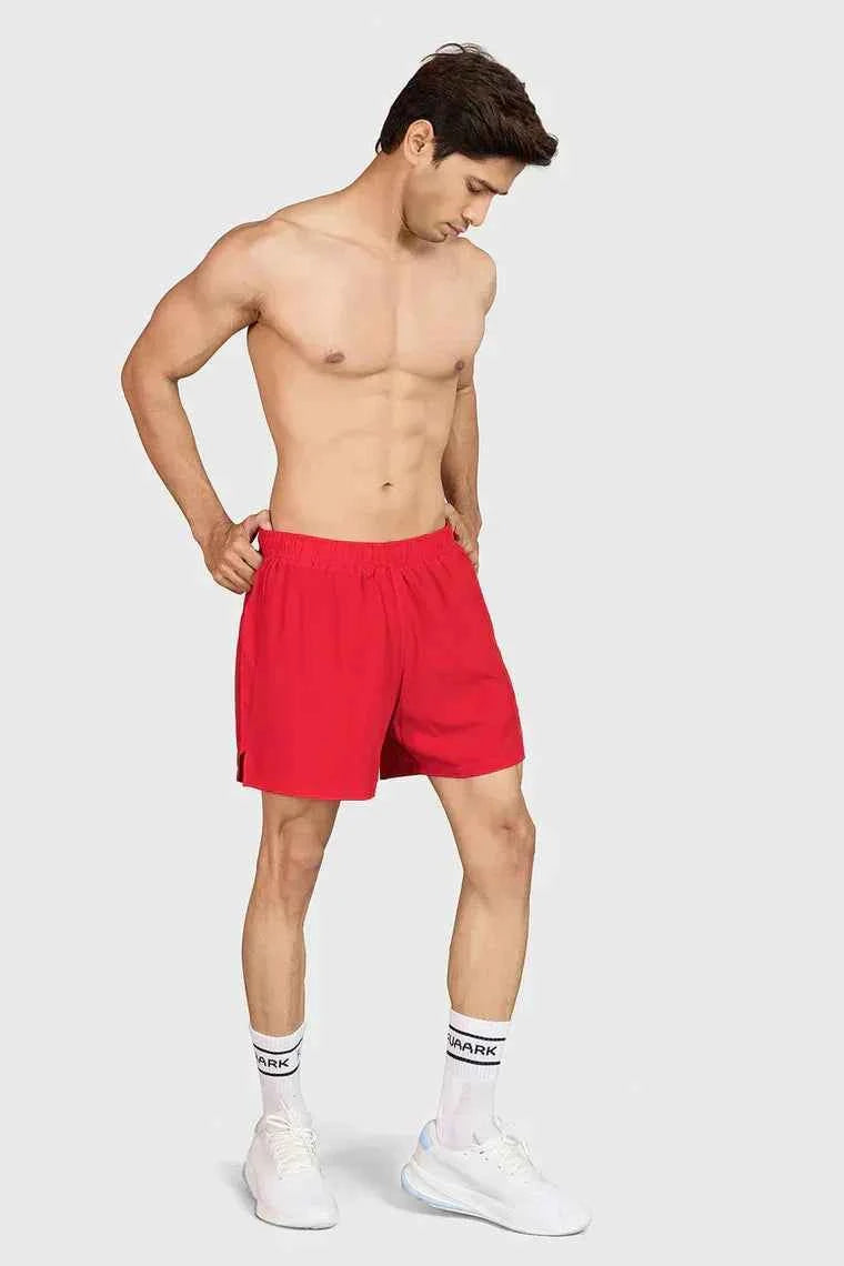 Fuaark NZ Hyper 5-inch red running shorts featuring lightweight, high-performance fabric for comfort during exercise.