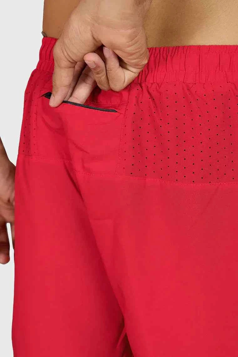 Red Hyper 5-inch running shorts by Fuaark Nz, designed for high-performance running with lightweight, breathable fabric.