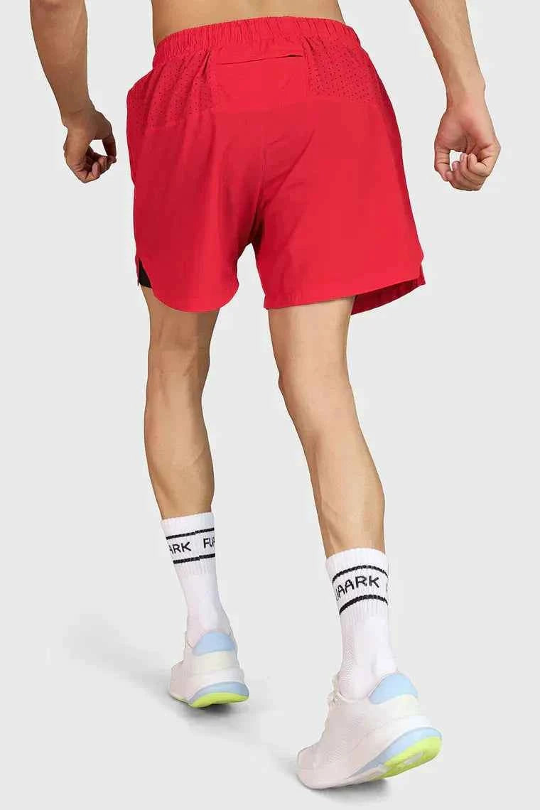 Red Hyper 5-inch running shorts by Fuaark NZ, high-performance athletic shorts with lightweight fabric and breathable design.