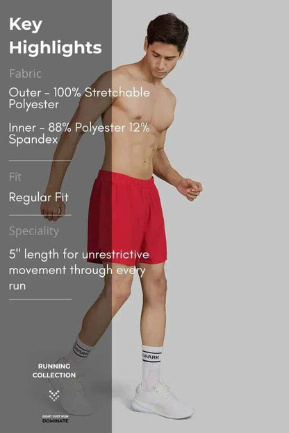 Red Hyper 5-inch running shorts by Fuaark Nz featuring lightweight, high-performance athletic shorts for running and active sports.