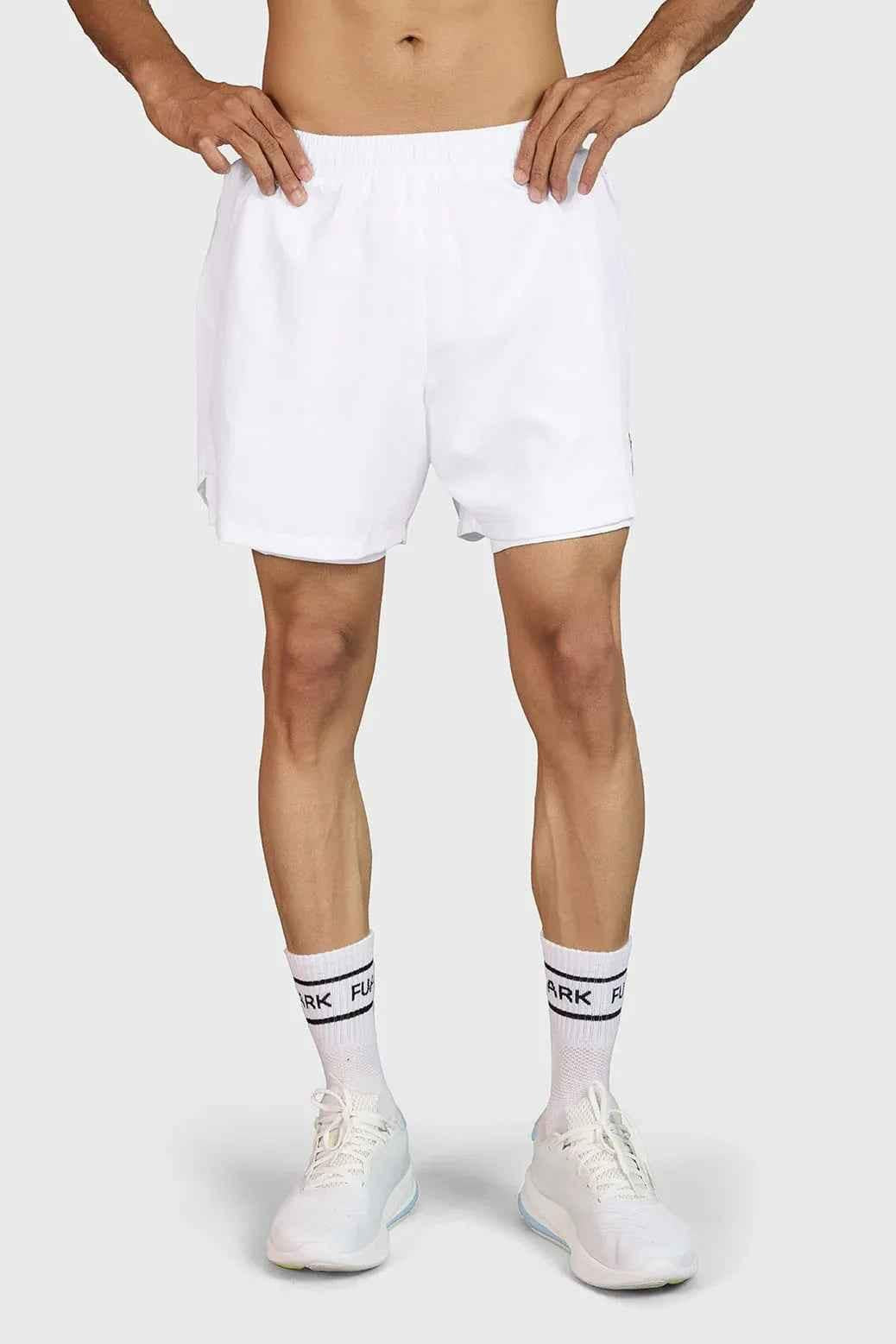Fuaark Nz Hyper 5-inch white running shorts for men, featuring lightweight fabric and a comfortable fit for active performance.