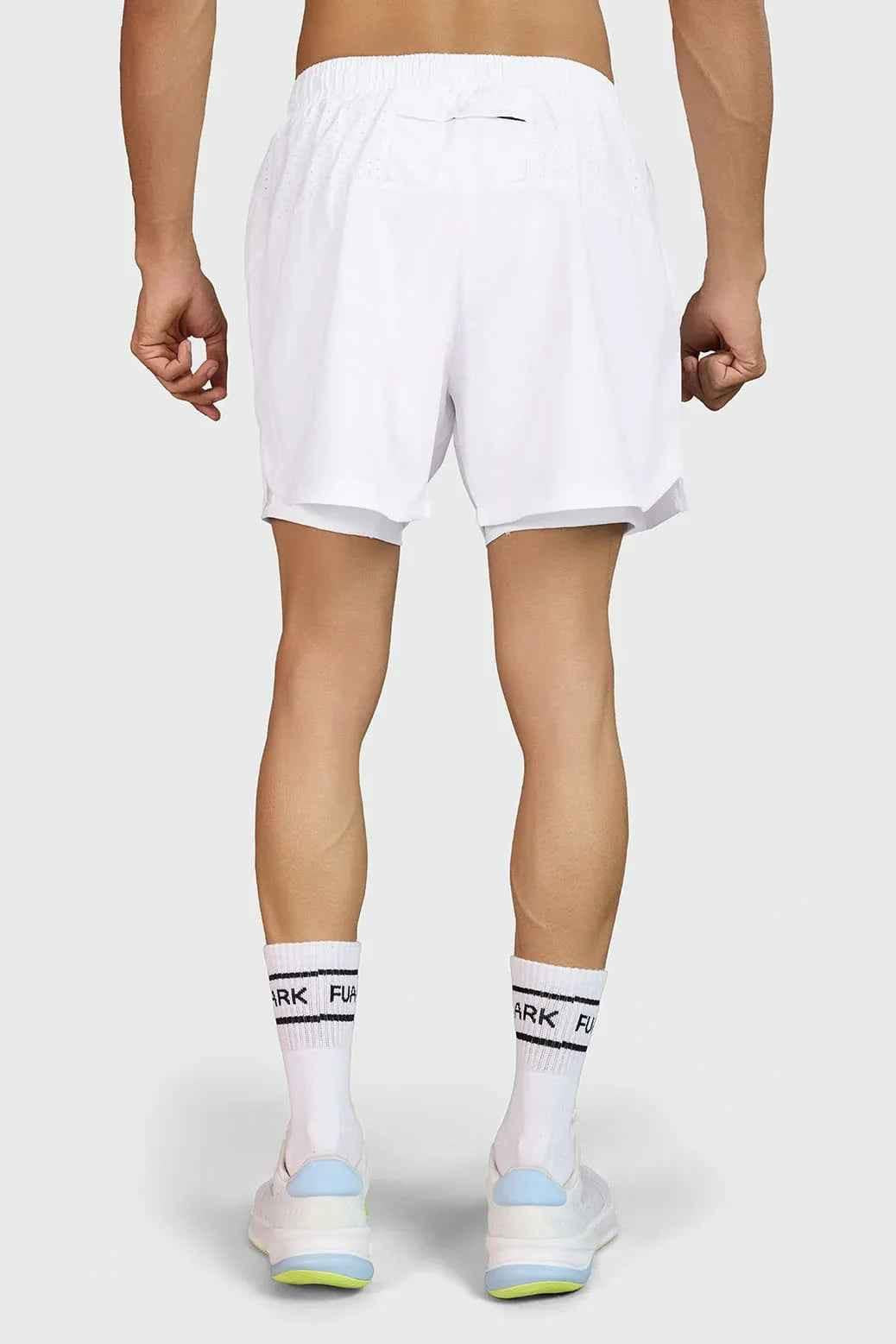 Fuaark Nz Hyper 5-inch white running shorts with breathable fabric and athletic fit for comfort and performance.