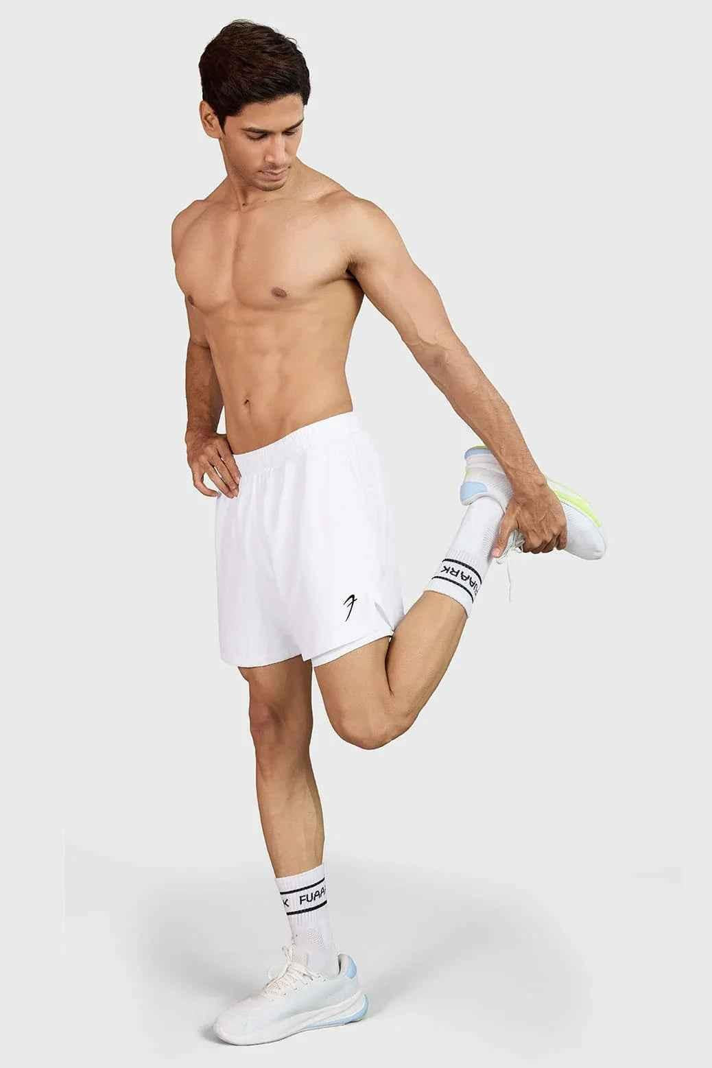 Fuaark Nz Hyper 5-inch white running shorts with breathable fabric and elastic waistband for comfort and performance.