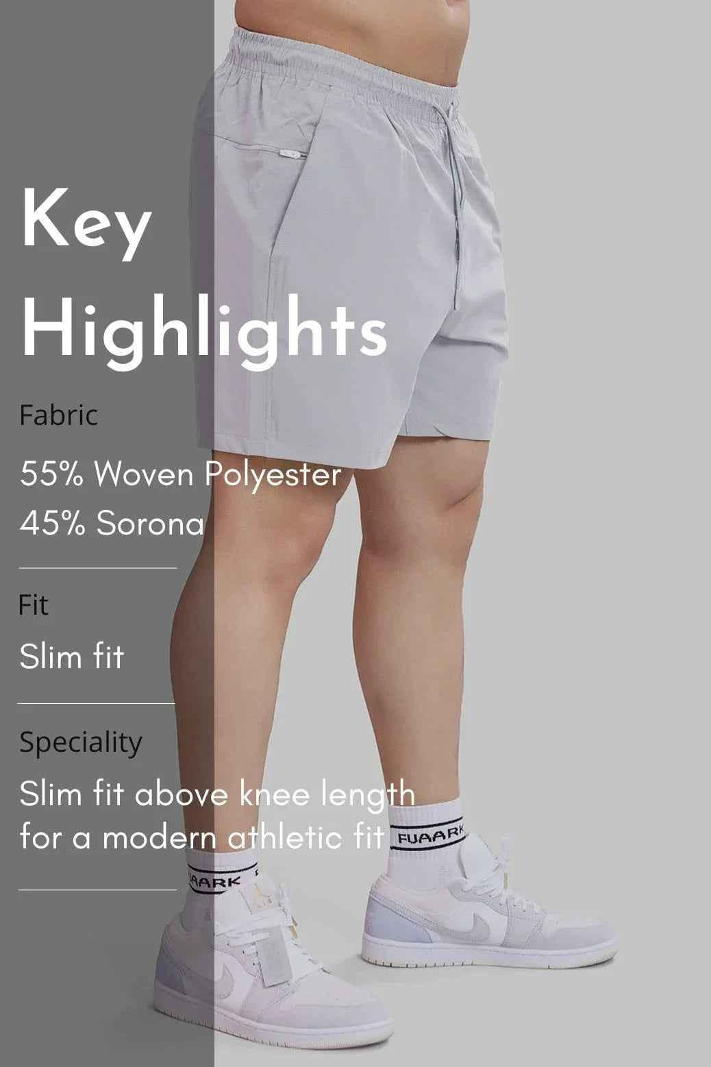 Light grey Fuaark Nz shorts made with durable thread, designed for active lifestyles and comfortable movement.