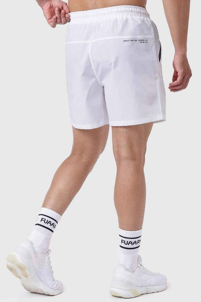 White Nova Shorts by Fuaark Nz displayed on a hanger, showcasing casual fit and clean design for comfortable everyday wear.
