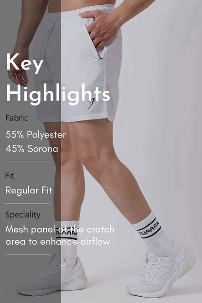White Nova Shorts by Fuaark Nz, casual shorts with a comfortable fit, shown on a model with a relaxed style.