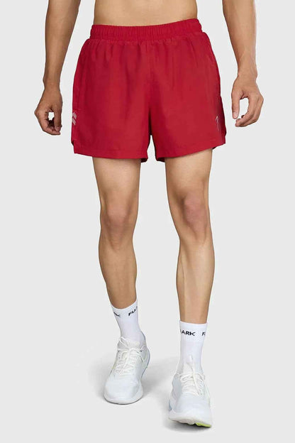 Red Pulse 4-inch running shorts by Fuaark Nz, lightweight and comfortable athleisure wear, shown flat on a white background.