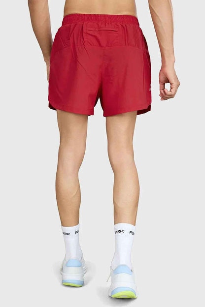 Red Pulse 4-inch running shorts by Fuaark Nz, lightweight and comfortable athleisure wear for active sports and workouts.