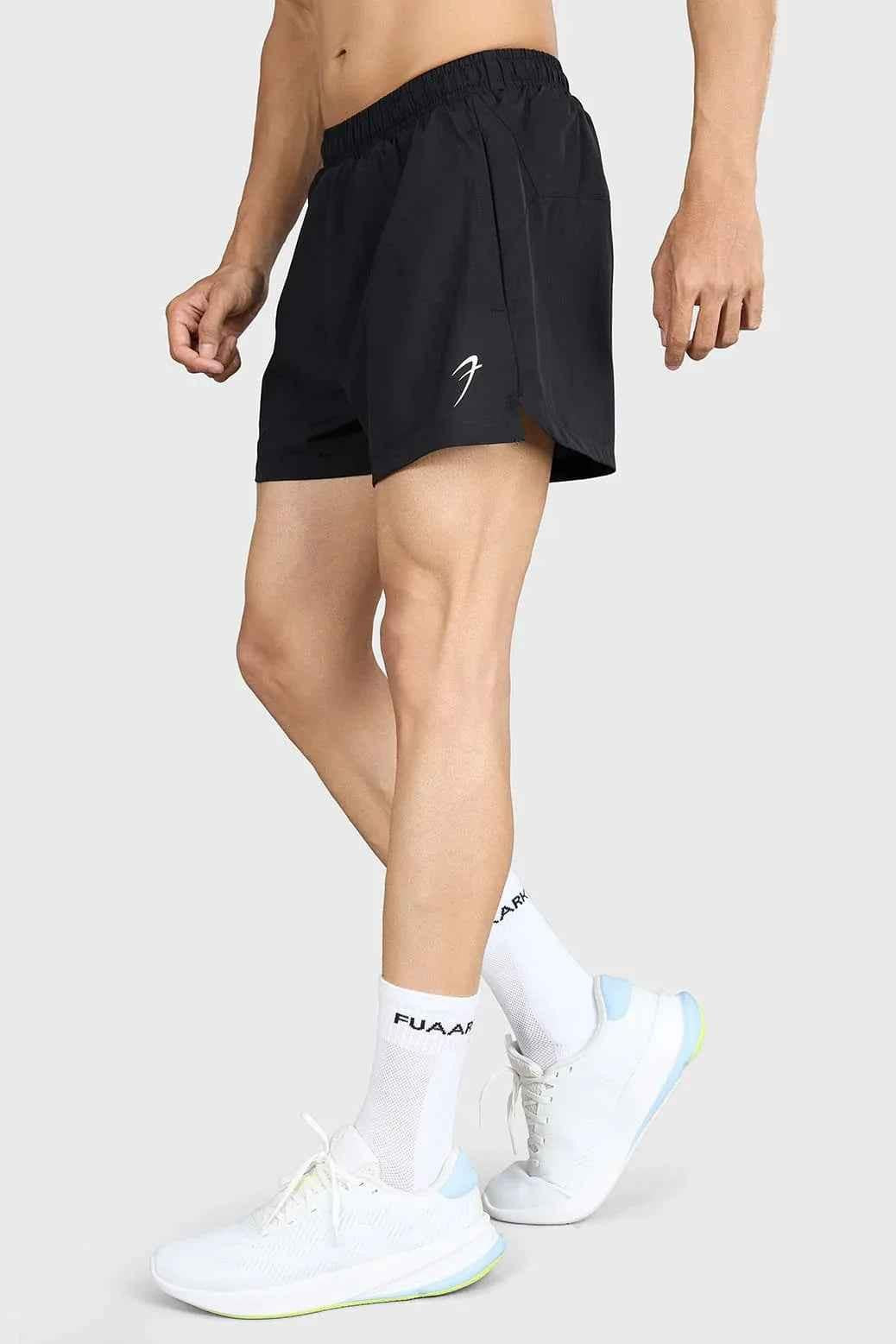 Black Pulse 4-inch running shorts by Fuaark Nz, lightweight athletic shorts with a comfortable fit for running and workouts.