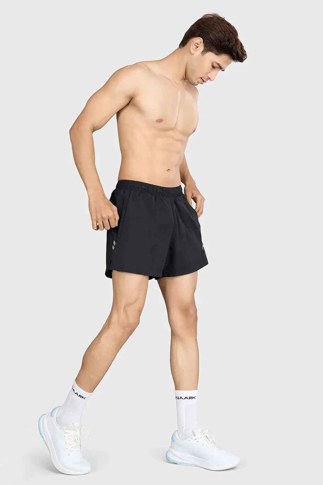 Black Pulse 4-inch running shorts by Fuaark Nz, lightweight and comfortable athletic shorts for running.