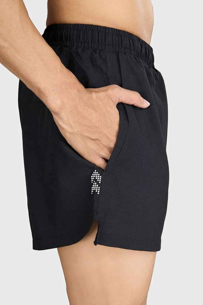 Black Pulse 4-inch running shorts by Fuaark Nz, lightweight athletic shorts with a comfortable fit for running and exercise.