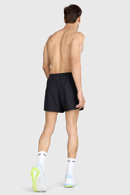 Black Pulse 4-inch running shorts by Fuaark Nz, featuring lightweight fabric and athletic fit for comfortable running.