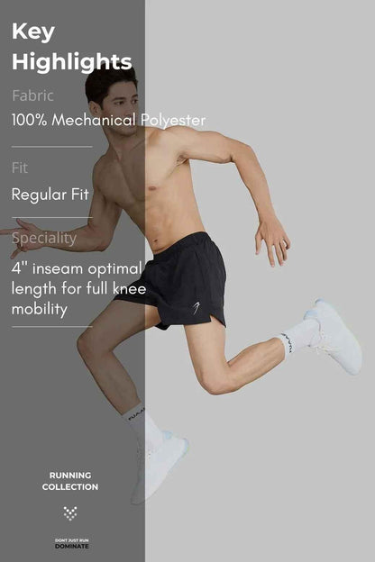Black Pulse 4-inch running shorts by Fuaark Nz, lightweight athletic shorts with a comfortable fit for running and exercise.